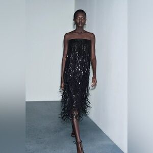 Zara Limited Edition SEQUIN FRINGE Black Midi DRESS sz.XS